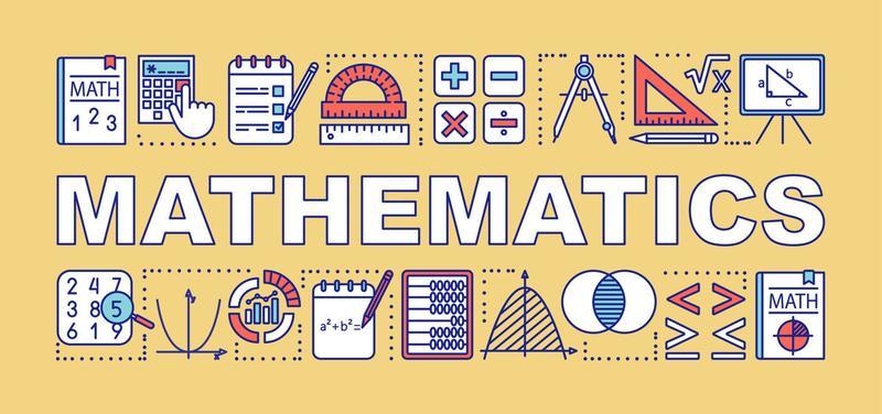Colorful illustration featuring various math symbols, tools, and the word "MATHEMATICS" prominently displayed on a yellow background.