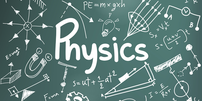 Chalkboard filled with physics equations and diagrams, featuring the word "Physics" prominently in the center.