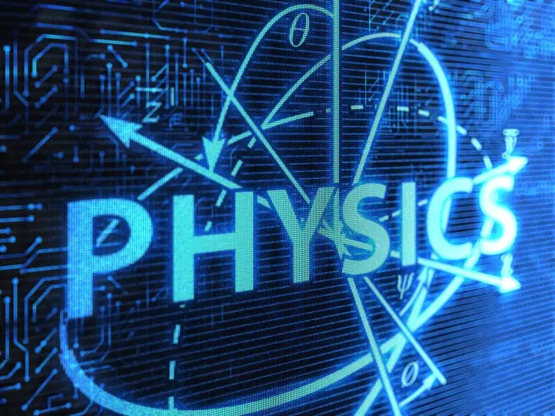 Digital graphic of the word "PHYSICS" illuminated in blue, surrounded by abstract symbols and arrows representing scientific concepts.