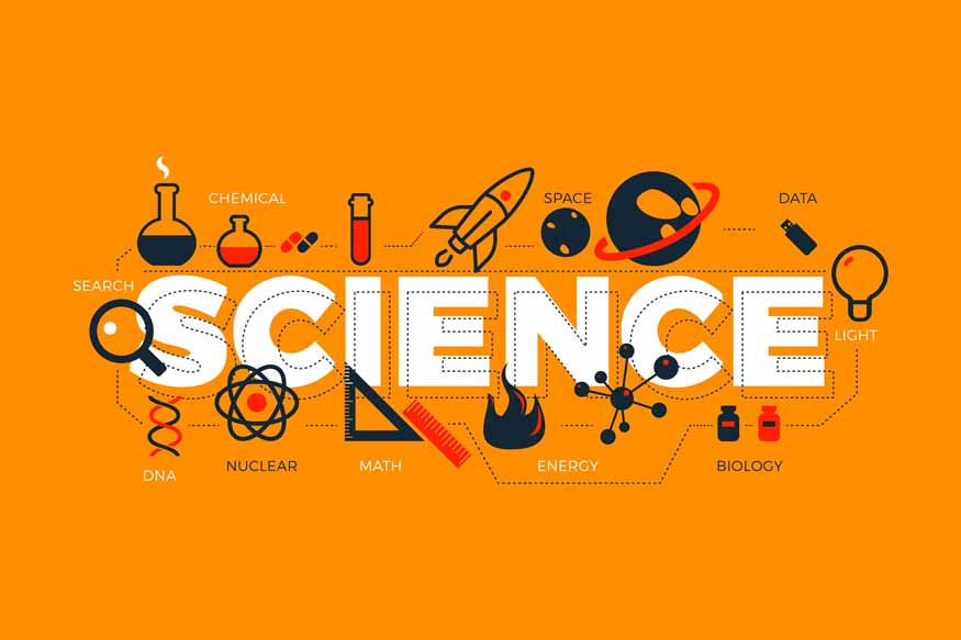 Illustration featuring the word "SCIENCE" surrounded by icons representing various scientific fields like biology, energy, and space on an orange background.