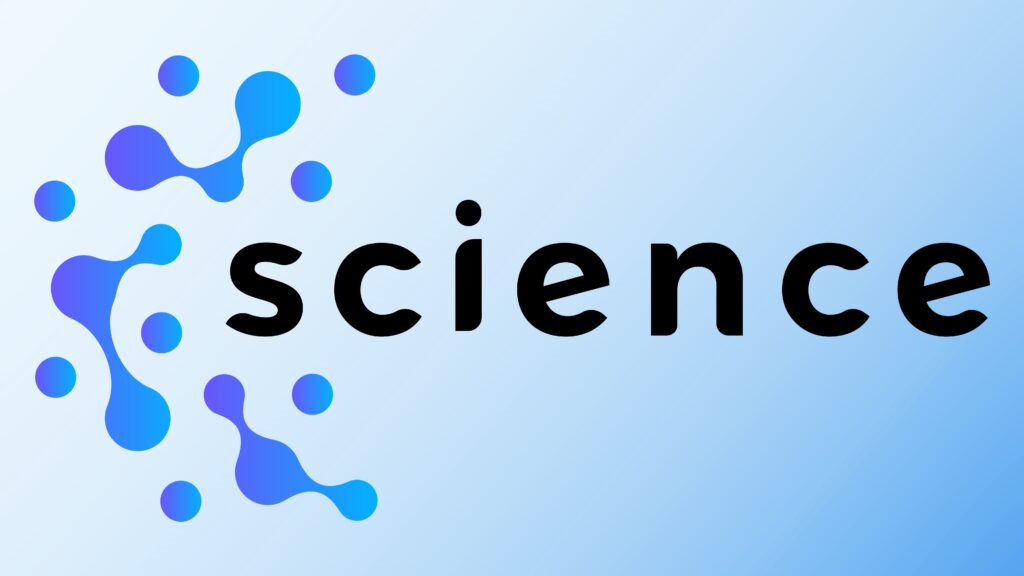 The word "science" in bold black font surrounded by colorful blue and purple abstract shapes on a light blue background.