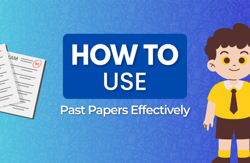 A cartoon boy in a yellow outfit stands beside a graphic with "How to Use Past Papers Effectively" and exam papers with grades.