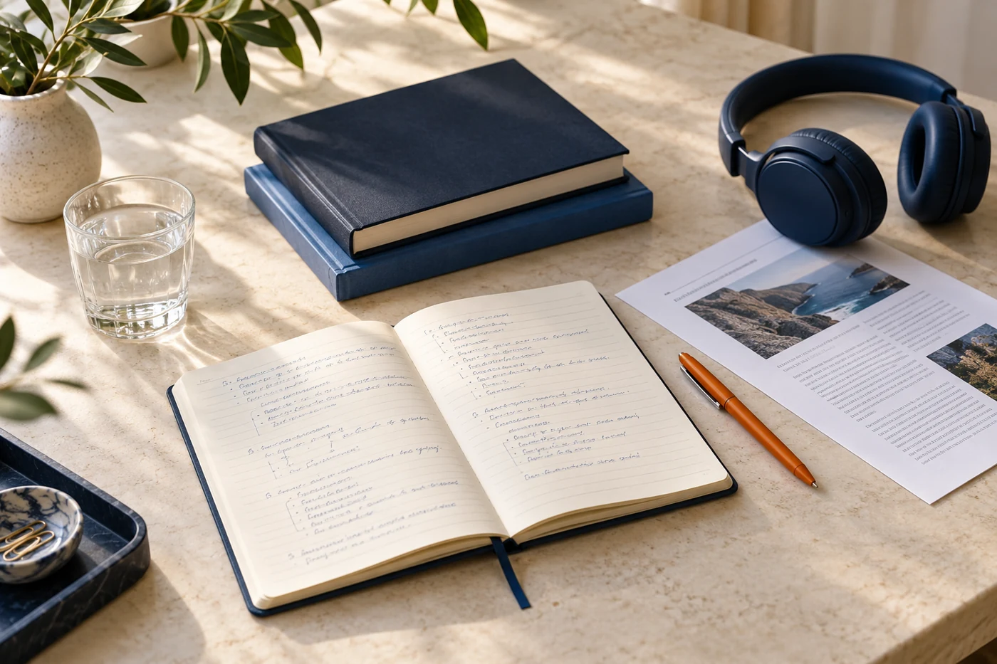 Books, headphones and writing materials on a study desk