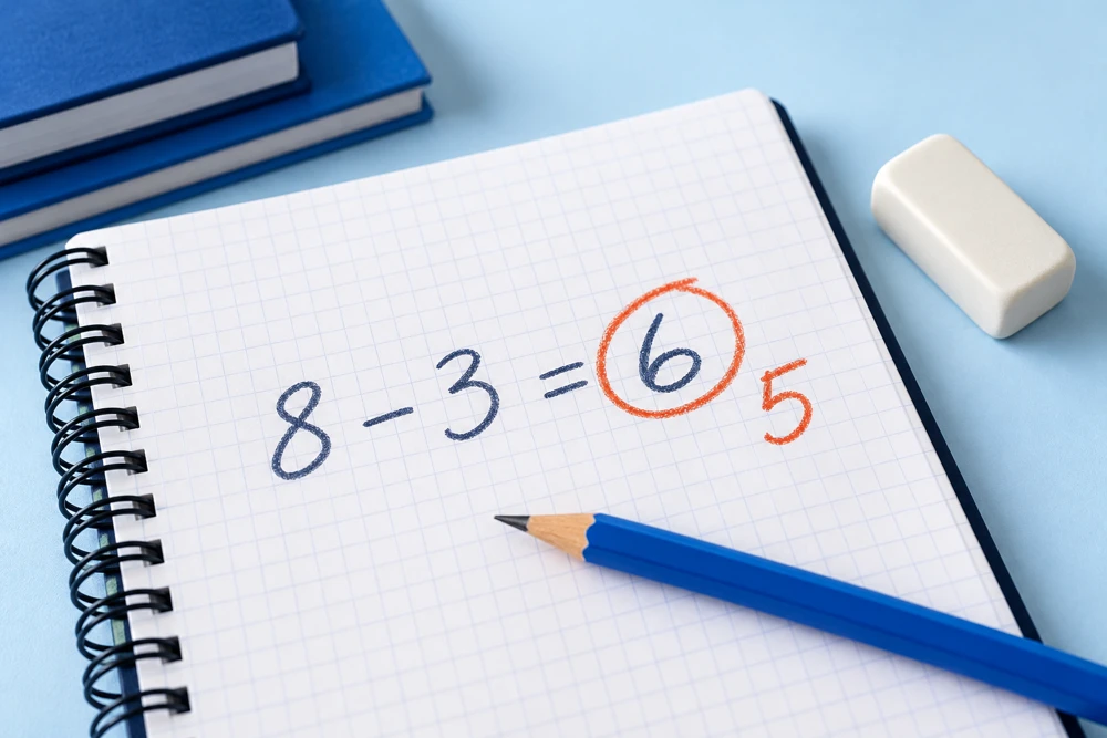 Arithmetic mistake circled and corrected in a notebook