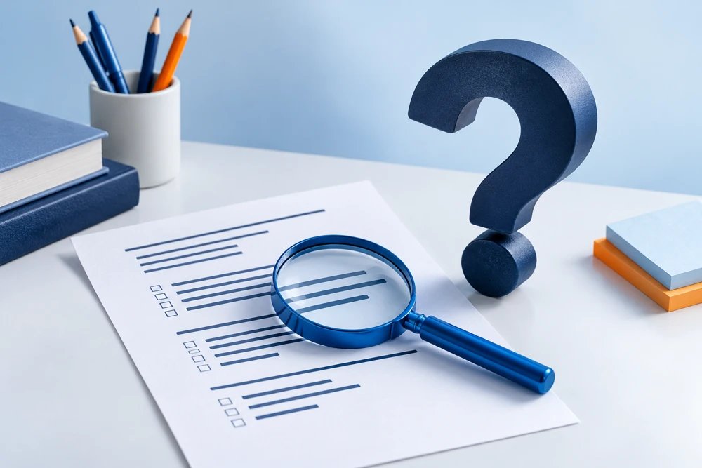 Exam paper with a question mark and magnifying glass