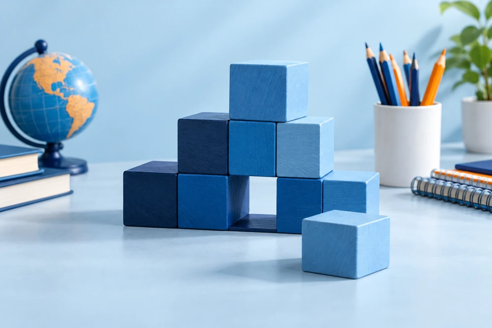 Blue building blocks with a missing foundation block
