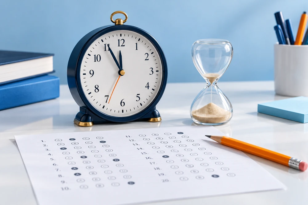 Clock and hourglass beside an unfinished exam paper